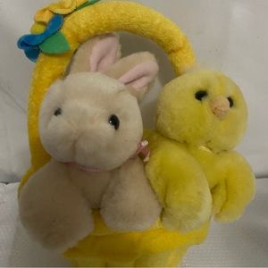 Vintage E&J Classic Yellow Easter Basket Tan Bunny Rabbit and Baby Chick Plush